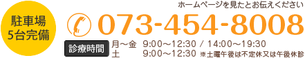 ホームページを見たとお伝えください 電話番号 073-454-8008 受付時間 月～金 9：00～12：30 / 14：00～19：30 土9：00～12：30